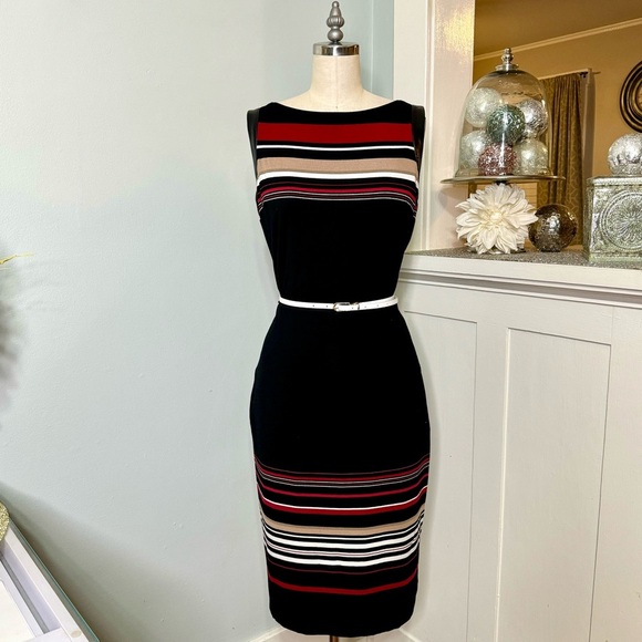White House Black Market Striped Slimming Sheath Dress Leather Trim 6 Small - Picture 3 of 11